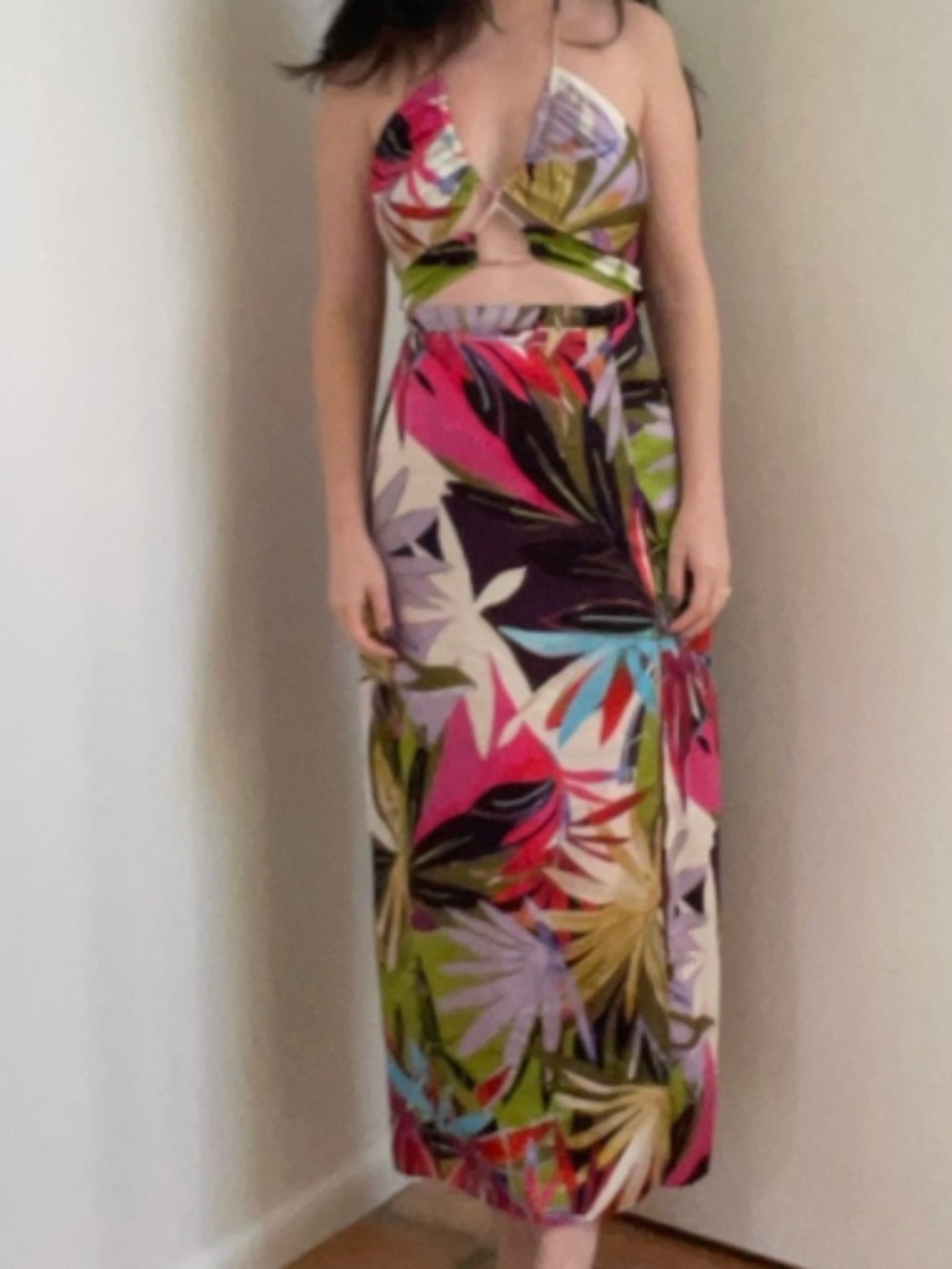 Zara Tropical Floral Halter Maxi Dress Small Pink Green Cutout Vacation Resort